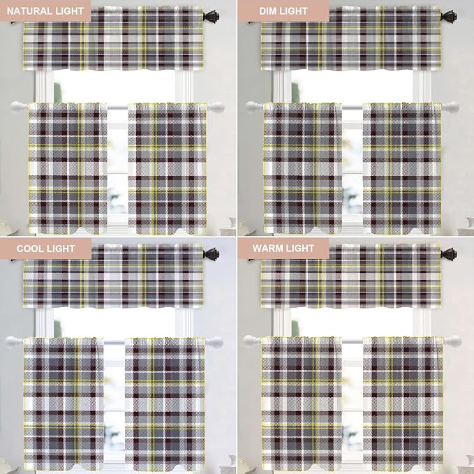 Shrahala Grunge Vintage Art Plaid Blackout Curtain Tiers, Tartan Grey Kitchen Valance Light Blocking Tier Drapes with Rod Pocket, 2 Pack 26 X 36 in