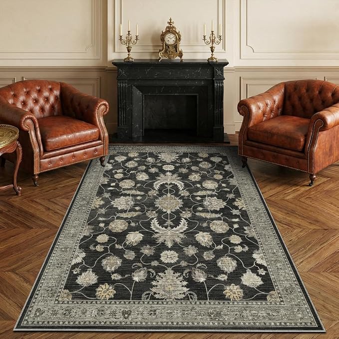 3x5 Area Rug for Living Room-Vintage Farmhouse Boho Floral Washable Stain Resistant Indoor Carpet for Bedroom Office and Home Decor(Black&Gold)