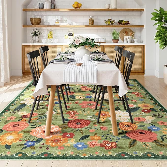 8x10 Washable Area Rug for Living Room, Floral Non-Slip Non-Shedding & Easy Care Light Green Large Soft Low Pile Indoor Floor Carpet for Living Room Bedroom Farmhouse Dining Room Kids Playroom