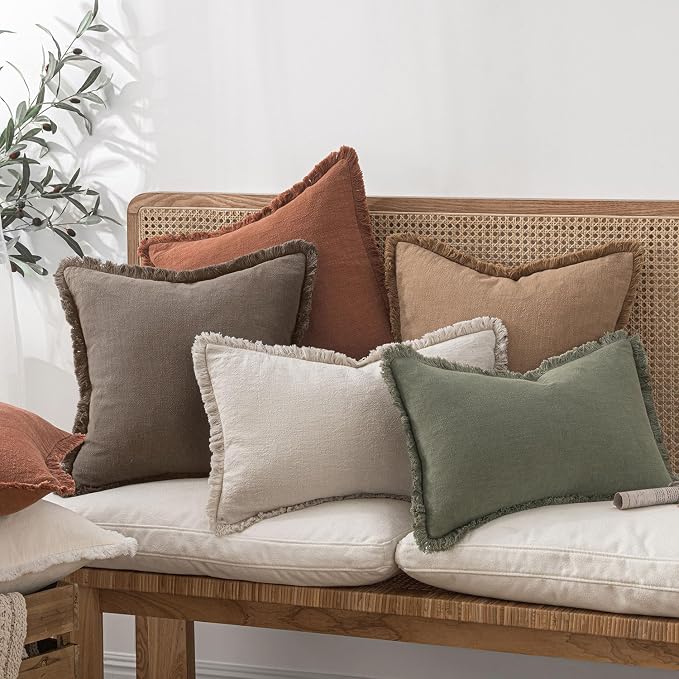 MIULEE Decorative Throw Pillow Covers Neutral Linen Fringe Throw Pillows Euro Shams Set of 2 Natural Coffee Boho Farmhouse Cushion Covers for Couch Sofa Bed Living Room Fall Home Decor 24x24 Inch