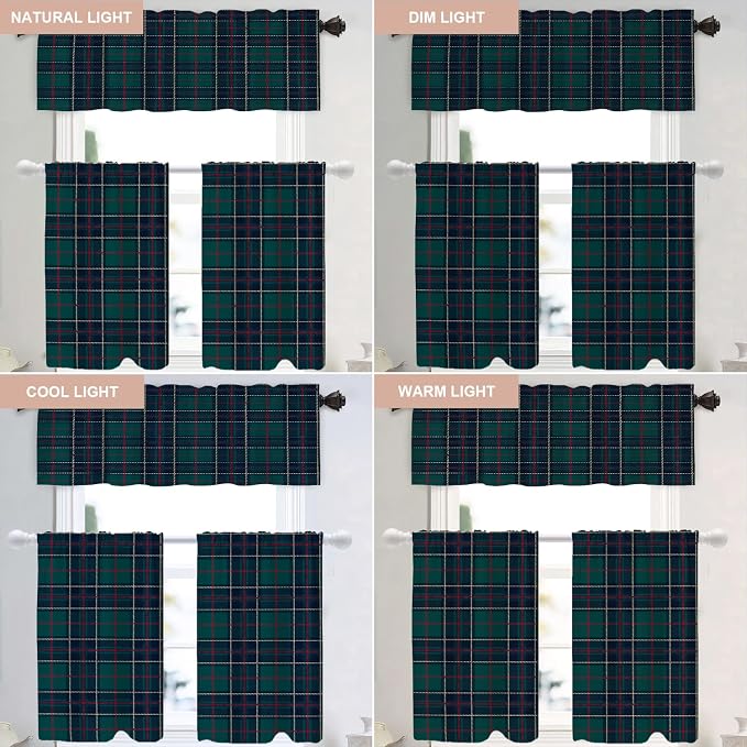 Shrahala Tartan Plaid Tier Curtains for Kitchen Windows, Green Scottish Fabric Kilt Twill Woven Cafe Curtain Multilayer Polyester Blackout Half Valances for Windows 2 Pack 36 X 26 in