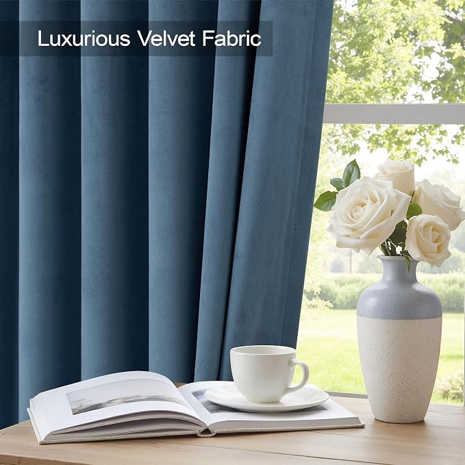 Stone Blue Velvet Curtains 90 Inch Length 2 Panels Classic Solid Contemporary Coastal Thermal Insulated Room Darkening Light Blocking Window Drape for Living Room Boys Bedroom 90 Long Back Tab Pocket
