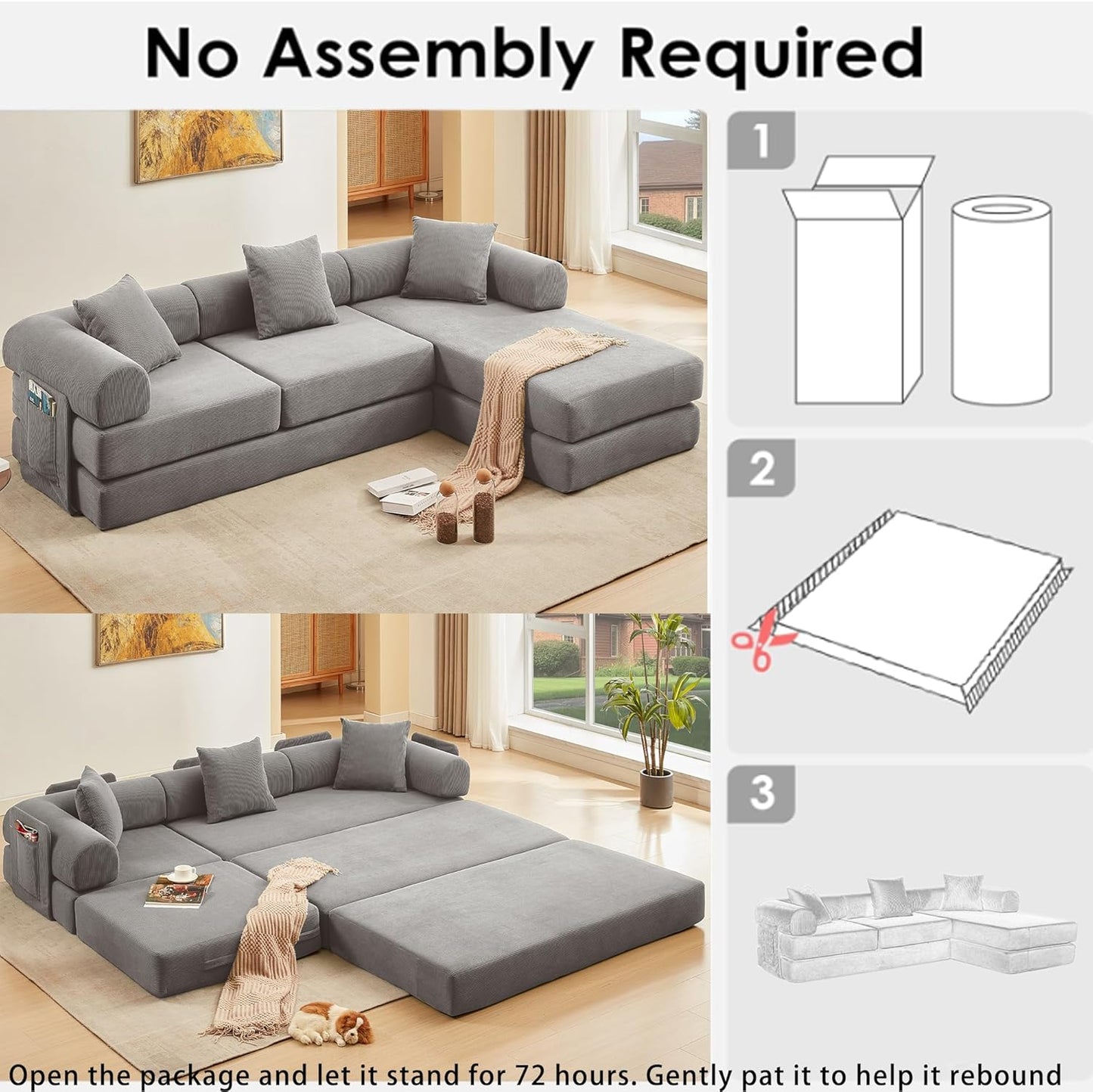 107" Oversized Convertible Sleeper Sofa Bed, Corduroy L Shape Sectional Couch, Folding Sofa Bed with Side Pocket, Modern Cloud Floor Mattress Couch, Modular Sofa for Living Room, Grey