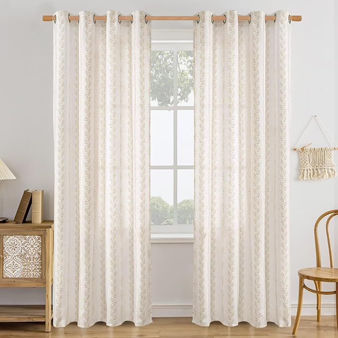 BGment Boho Curtains Leaf Floral Print Cottage Core Botanical Curtains for Living Room Light Filtering Curtain 84 Inch Long for Farmhouse Rustic, Each 52 Inch Wide, 2 Panels Set, Sand