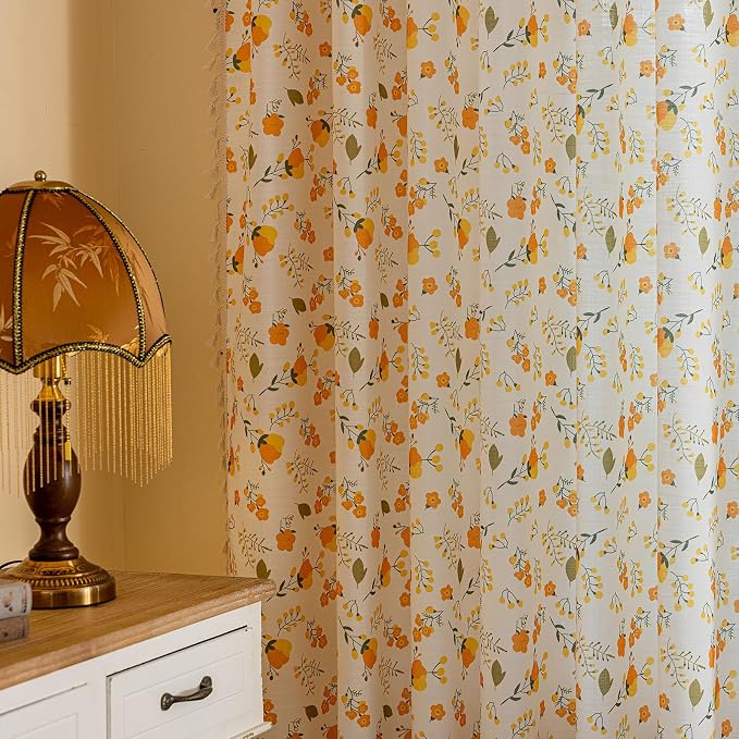 OYX Floral Boho Curtains 2 Panels Short 96 Inch Curtains Patterned Semi Sheer Living Room Drapes Farmhouse Boho Window Curtain Panels with Tassel Beige Rod Pocket Bedroom Drapes