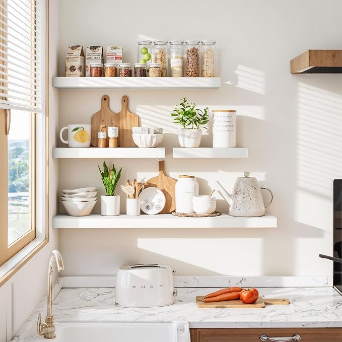 Vivelove White Floating Shelves 48 Inches Long, Wall Display Shelves with Invisible Brackets, for Bathroom Living Room Kitchen Bedroom Office Farmhouse Home Decor, 48x9.3X 1.5 - Set of 2, White