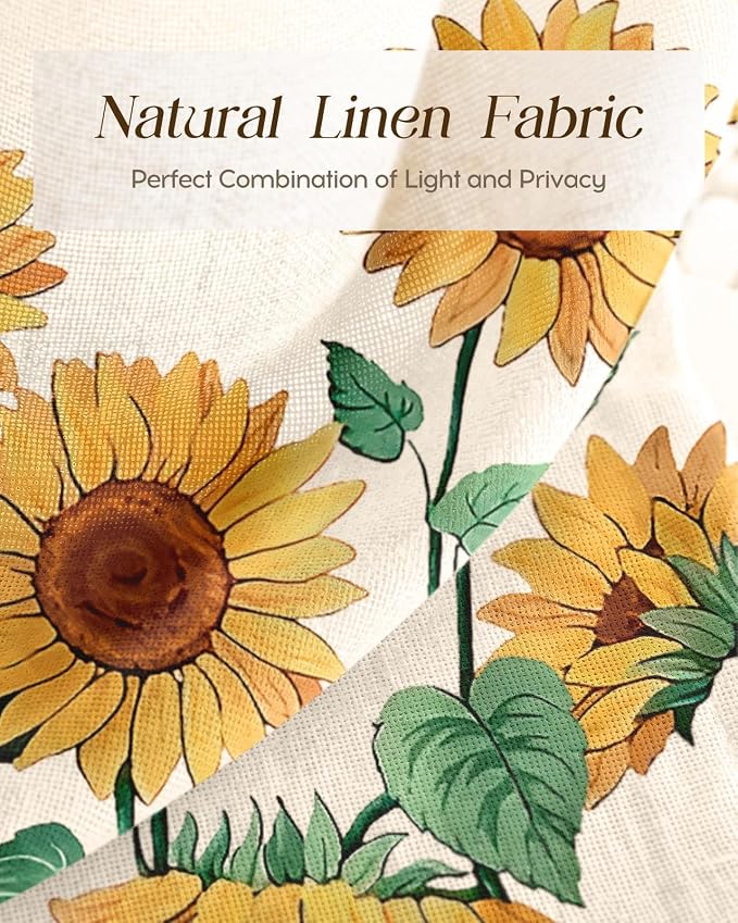 Miss Adola Sunflower Kitchen Tier Curtains - 45 Inch Length Linen Blend Farmhouse Cafe Curtains Floral Small Window Treatments Over Sink Rod Pocket for Bathroom Living Room Light Filtering, 2 Panels