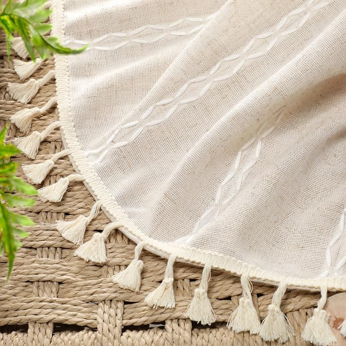 Cream Boho Blackout Curtains 2 Panels 84 Inch for Living Room Bedroom, Beige Linen Texture Farmhouse Curtains with Tassels and Cotton Embroidery Vintage Rustic Western Rod Pocket