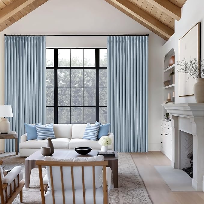 Dusty Blue Pinch Pleated 100% Blackout Linen Bedroom Curtains 96 Inch Length Double Layer Pleat Curtains Ring Hooks Back Tab Black Out Room Darkening Drapes 96 Inches Long Living Room Light Blue Grey