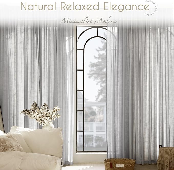 Linen Blend Grey Curtains for Living Room Back Tab Modern Farmhouse Semi Sheer Light Gray Curtains 108 inches Long 2 Panels Set Muted Neutral Cotton Texture Window Curtain for Dining Room Bedroom