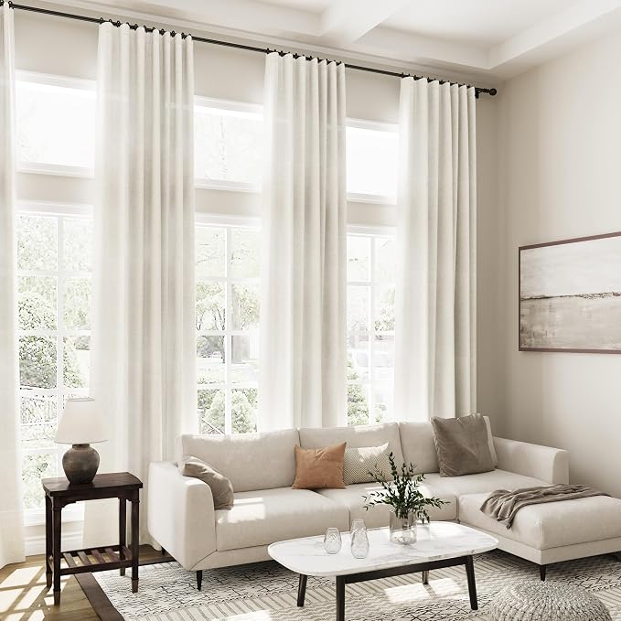 Cream Linen Curtains 108 Inches Long 2 Panels Set Back Tab Rod Pocket Semi Sheer Cotton Textured Light Filtering Extra Long Curtain Farmhouse High Ceiling Curtains for Living Room 9Ft 42x108