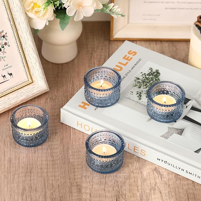 NITIME 4PCS Blue Votive Candle Holders for Wedding Decorations, Tea Lights Candle Holder for Table Centerpiece, Blue Polka Dot Glass Candle Holder for Home and Party Decoration
