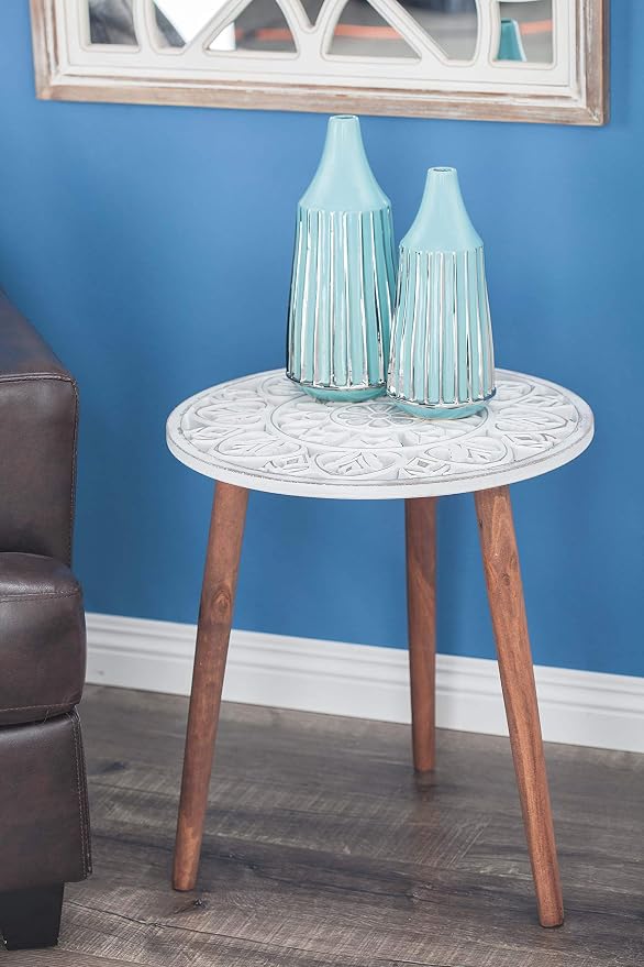 Deco 79 Wood Floral Handmade Side End Accent Table Intricately Carved End Table with 3 Slender Legs, Side Table 19" x 19" x 21", White