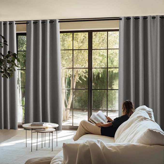 NICETOWN 100% Blackout Curtains for Bedroom, W52 x L96, Pair, Grey Crisp Faux Linen Thermal Insulated & Energy Efficient Light Blocking Shield for Living Room, Dining Room