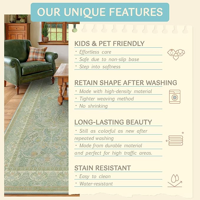 Washable Bathroom Runner Rug 2x5 Non Slip, Sage Green Small Throw Rug for Bedroom Bedside, Entryway, Hallway, Kitchen, Thin Low Pile Cottage Core Pastel Floor Carpet Stain Resistant