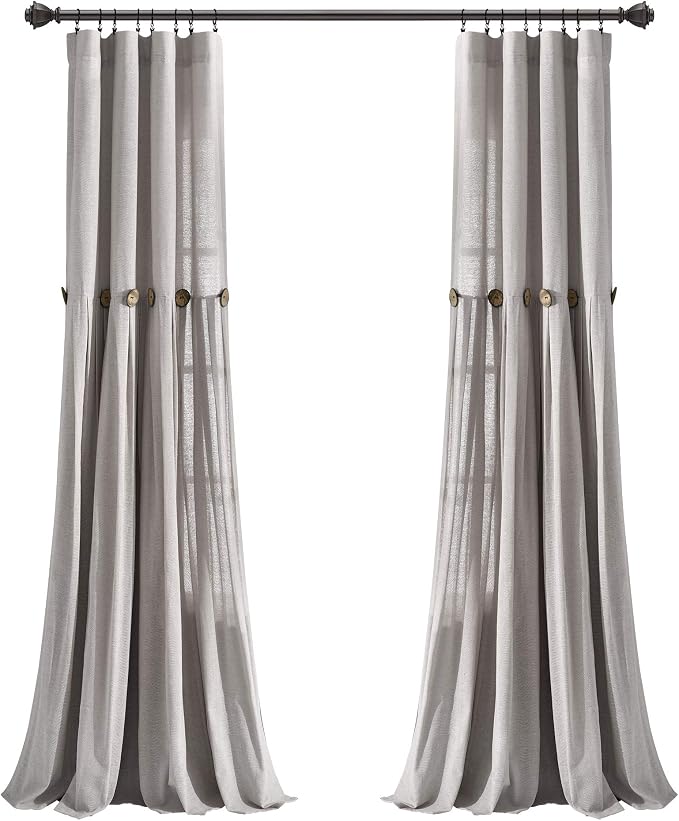 Lush Decor Linen Button Window Curtain Panel, Single, 40" W x 84" L, Grey - Country Curtains - Rustic Decor - Color Block Modern Farmhouse Curtains For Living Room, Bedroom & Dining Room