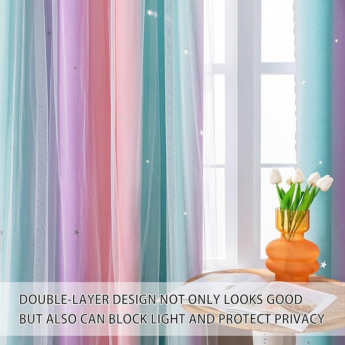 XiDi Curtains for Girls Bedroom Kids Room 2 Panels Colorful Rainbow Design Unicorn Wall Decor Blackout Pink Curtains Cute Mermaid Princess Room 34 Wide 63 Inches Long Grommet Drapes Pink Purple Green