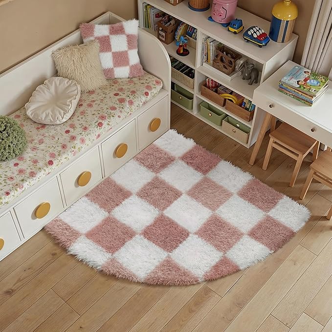 PureCozy Checkered Rug 3ft Radius Corner for Playroom, Pink and White Modern Shag Super Soft Washable Fluffy Rugs Indoor Fuzzy Carpet for Bedroom Home Dorm Aesthetic Decor
