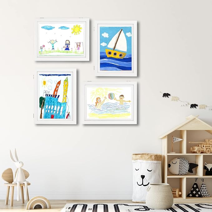 iRahmen Kids Art Frames 9x12 - Front Opening Childrens Picture Frame Changeable, Wood Artwork Display Storage for Wall Mount, Magnetic Door Holds 50 Art Pieces for Drawings, 3D Picture, Crafts, Portfolio, White