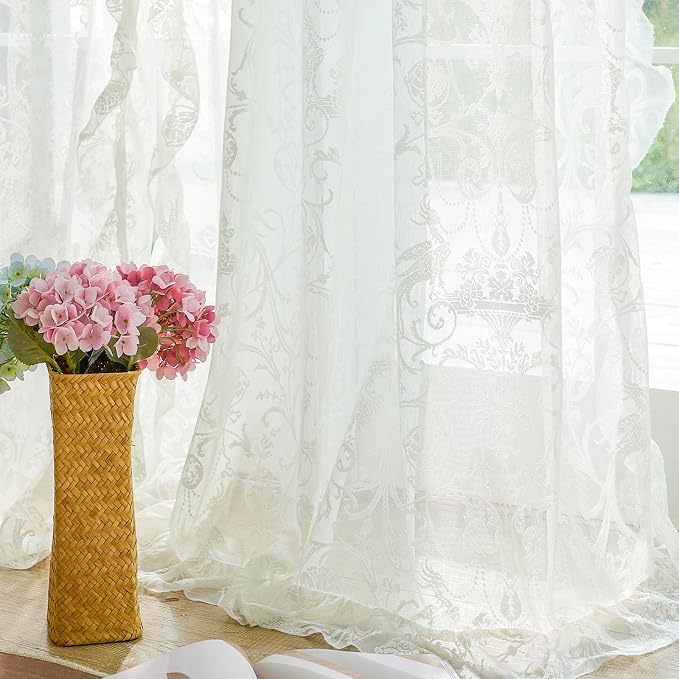 TUDECO Lace Ruffle Curtains 2 Panels - Elegant Floral Sheer Curtains 72 Inch Length for Bedroom Doorway Patio Door, French Rococo Privacy Cream Rod Pocket Window Treatments, 59 x 72 Inch, Ivory