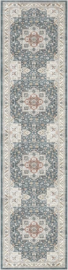 Vintage Hallway Runner Rug 3x12: Large Soft Washable Entryway for Kitchen Laundry Room Non-Slip Backing Runner for Entrance Living Room Bedroom Bathroom - Vintage Blue