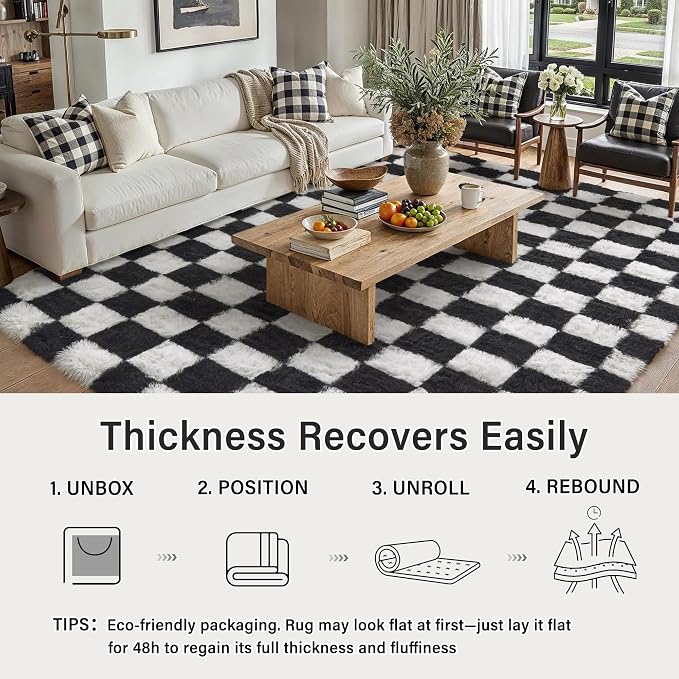 PureCozy Checkered Round Rugs 6ft for Living Room, Black and White Modern Shag Rugs Super Soft Washable Fluffy Indoor Office Carpet for Bedroom Home Dorm Aesthetic Decor