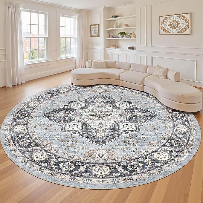 Round Rug Living Room Rugs: 8x8 Washable Boho Neutral Large Circle Soft Indoor Distressed Stain Resistant Floor Farmhouse Carpet for Bedroom Nursery Kids Playroom Office Dining Room Dorm- Blue Tan