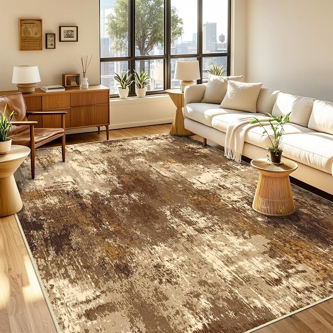 RELEANY Washable Area Rugs 2'x8' Non-Slip Modern Abstract Soft for Living Room Entryway Bedroom Kitchen, Print Pattern, Brown Tan Beige Coffee