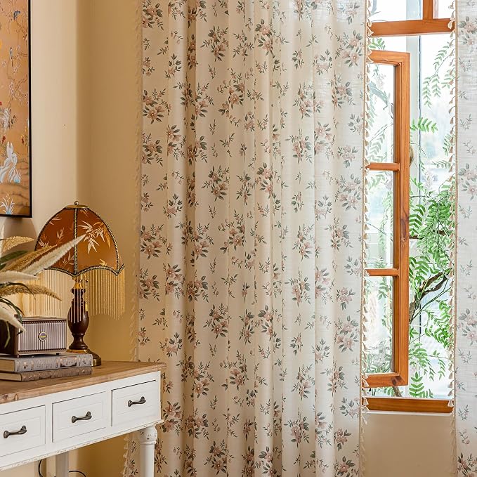 OYX Boho Floral Curtains 96 Inch, Pink Flower Farmhouse Drapes with Tassels, Linen Textured Light Filtering Semi Sheer Curtains for Living Room Bedroom, 2 Panels, Rod Pocket, 52Wx96L