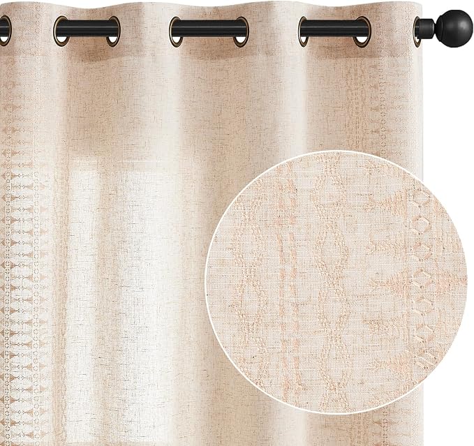 jinchan Boho Curtains for Bedroom Linen Blend Boho Curtains 96 Inches Long 2 Panels Farmhouse Embroidered Drapes for Living Room Drapes Light Filtering Grommet Window Traetments Ivory on Beige