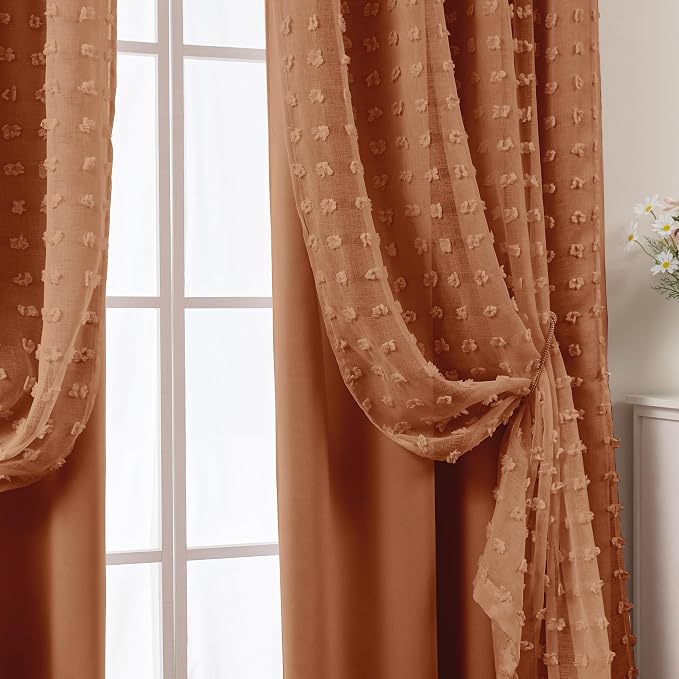 Terracotta Boho Blackout Curtains for Bedroom, Bohemian Pom Pom Double Layer Patterned Drapes, Rust Burnt Orange Sheer Overlay Western Curtains for Living Room 84 Inches Long 2 Panels Set