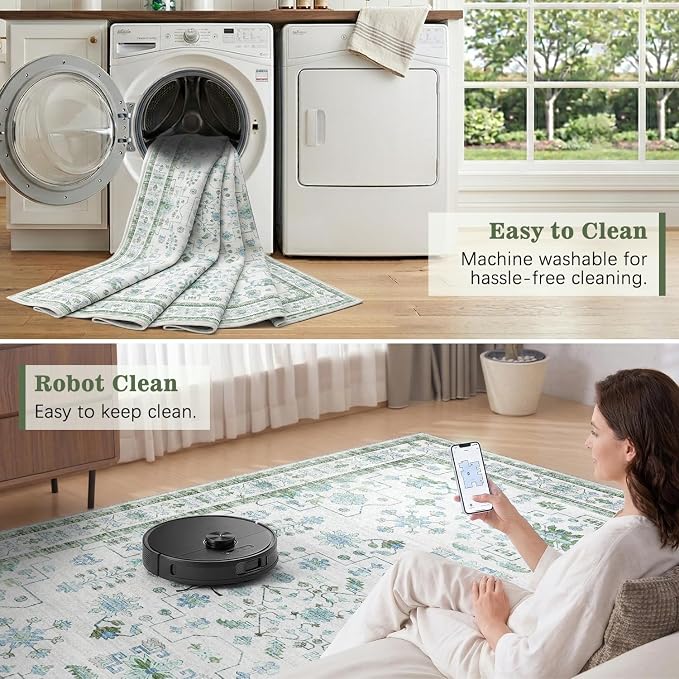 DCX Green 6x9 Rug, Kid & Pet Friendly with Rubber Back Non Slip, Machine Washable Stain Resistant Vintage Boho Floral Rug for Living Room, Bedroom, Soft Low Pile Large Nursery Carpet