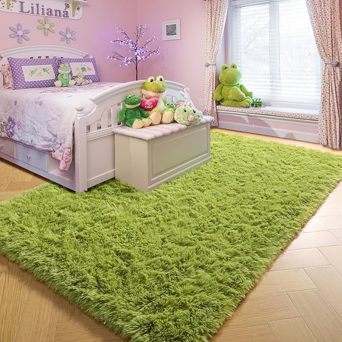 Grass Green Area Rugs for Bedroom, Fluffy Shag Plush Rug 5x7 for Kids Room Living Room Baby Nursery Decor Aesthetic, Cute Fuzzy Floor Furry Cool Shaggy Fuzzy Moss Carpet for Dorm Classroom Playroom