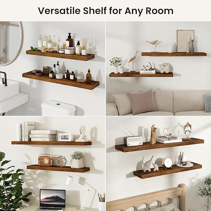 Fun Memories Floating Shelves for Wall, 36 Inch Long Set of 2 Rustic Wood Wall Shelves with Invisible Brackets, Heavy Duty Storage Display for Living Room Bedroom Kitchen, Brown