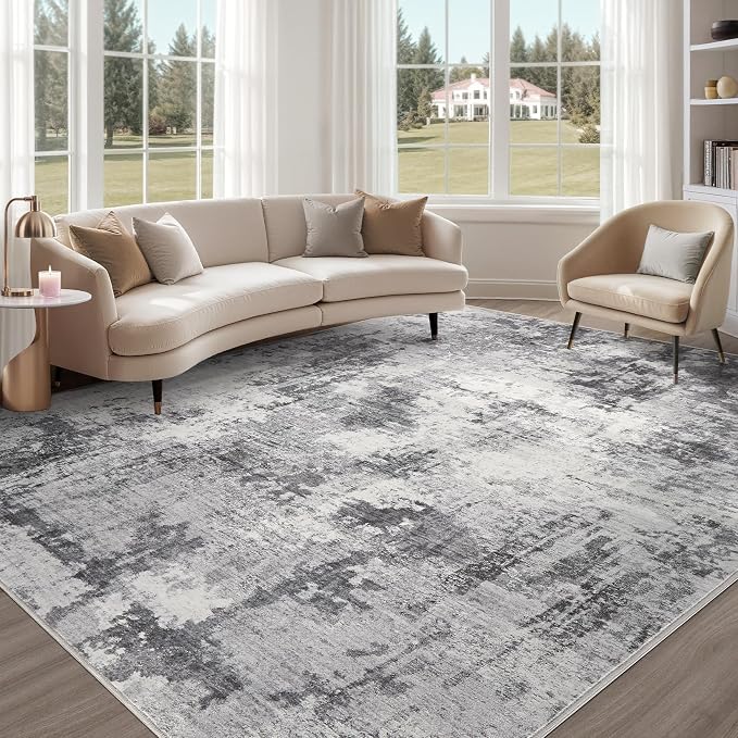 Abstract 8x11 Area Rug: Machine Washable Non Slip Ultra Thin Low-Pile Carpet, Soft Stain Resistant for Living Dining Room Bedroom, Kid Pet Friendly, Robot Vacuum Compatible - Grey