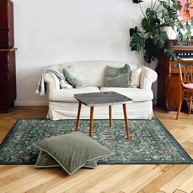 Floral Indoor Entrance 3x5 Area Rug, Washable Vintage Boho Entryway Rugs, Low Pile Non Slip Soft Carpet for Kitchen, Bedroom Beside, Laundry Room, Office Rug, Kids Room, Nursery Room, Green