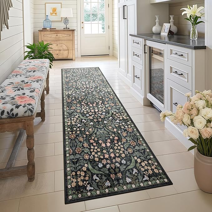 2.6x8 Machine Washable Runner Rug, Kitchen Hallway Area Rug Black Vintage Boho Floral Ultra Non-Slip Low Pile Soft Faux Wool Carpet Kids and Pets Friendly for Bedroom Entryway Nursery Decor Rug