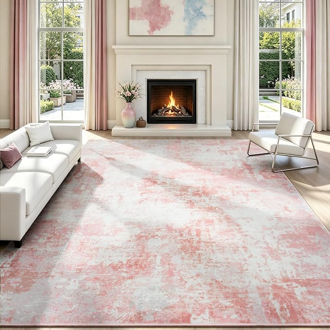 Rugflix 8x10 Area Rugs for Nursery Girls Room, Washable Large Rug Stain-Resistant Low Pile, Modern Non Slip Carpet for Kids Bedroom Living Room Home Office, Pink/White