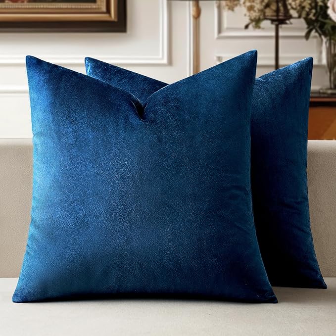 MIULEE Pack of 2 Velvet Pillow Covers Decorative Square Pillowcase Soft Solid Cushion Case for Spring Sofa Bedroom Car 26x26 Inch Dark Blue