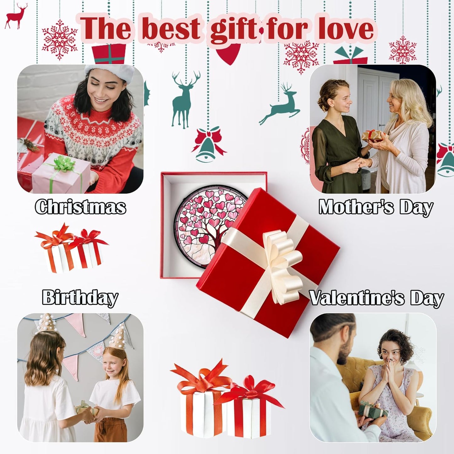 Stained Glass Window Hanging, Pink Love Heart Tree Suncatcher Hangings Beige Sun Catchers Decor for Birthday Holiday for Women, Men, Wife, Aunt, Mom 11.8IN