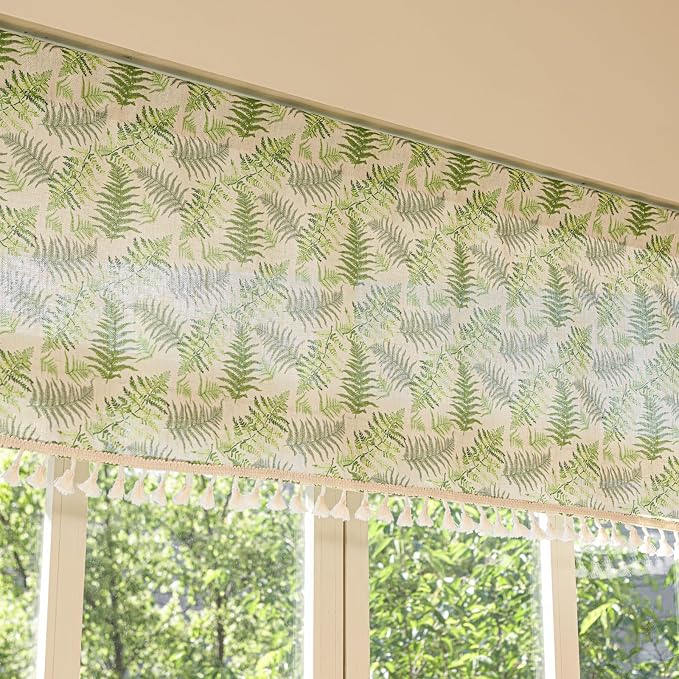 Deeprove Sage Green Boho Valance Window Curtain 18 Inch with Tassels Over Sink Fern Leaf Print KitchenSheer Short for Cafe Closet Farmhouse Chic Vintage Country Style Drape Decor 1 Panel 52W x 18L