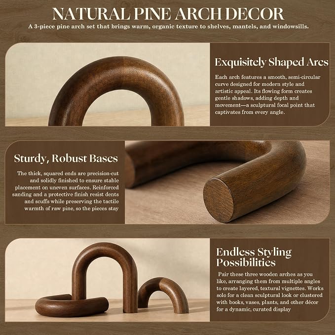 EOSAHR Acacia Wooden Arch Decor Set for Home Decor - 3-Piece Decorative Arch for Coffee Tables, Side Tables & TV Consoles -Minimalist Room Decorations for Home Office, Living Room, Bedroom (Acacia)