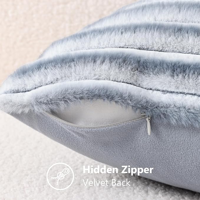 decorUhome Fall Cozy Faux Fur Throw Pillow Covers 22x22 Set of 2 Decorative Soft Plush Striped Modern Farmhouse Boho Couch Euro Sham Pillow Cases with Velvet Back for Sofa Bed Living Room, Grey White