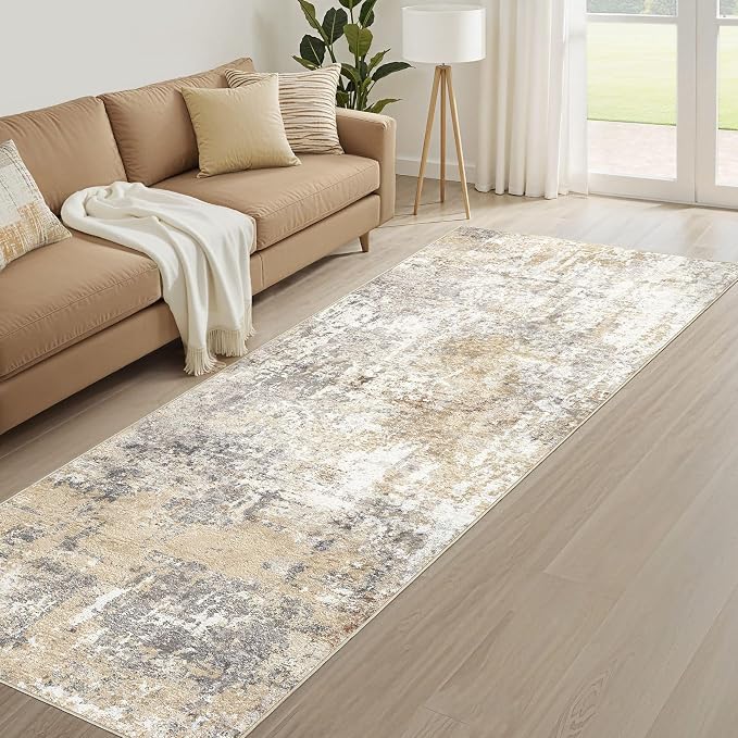 Runner Rug Kitchen Washable Rugs: 2x5 Non-Slip Abstract Soft Modern Stain Resistant Indoor Floor Neutral Accent Throw Carpet for Hallway Bathroom Laundry Room Entryway Bedroom- Gray Gold