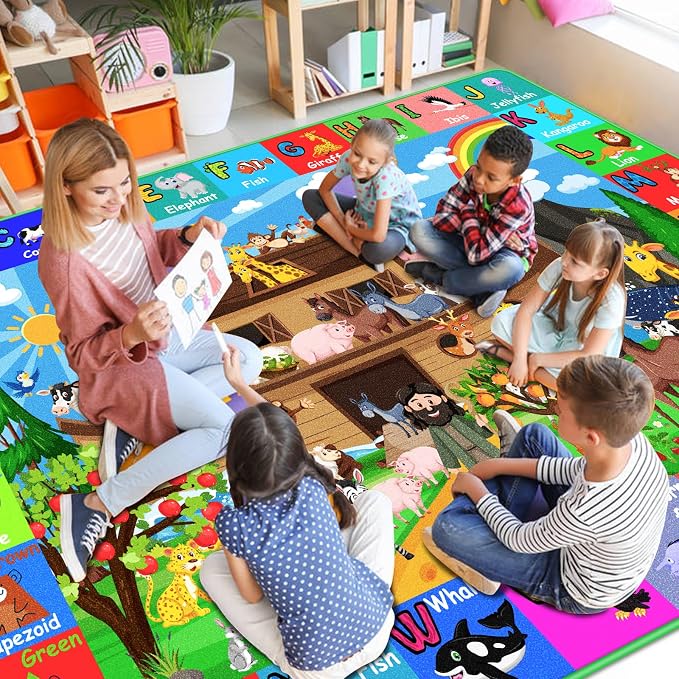 ABC Kids Rug for Playroom 78.7×59 in Noah's Ark Animals Rug Play Mat Alphabet Playmat Shape Color Classroom Carpet Kids Playroom Early Learning Carpet for Preschool Tummy Time