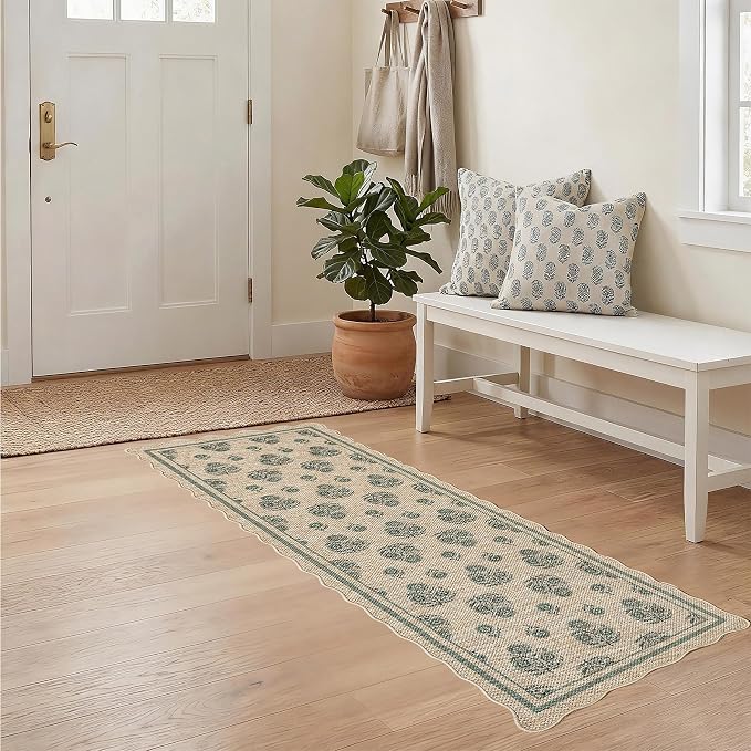 ORTIGIA Scalloped Easy Jute 2x6 Kitchen Runner Rug Vintage Green Floral Accent Farmhouse Washable Rug Non-Slip Outdoor Carpet for Entryway Indoor Hallway Patio Laundry Room