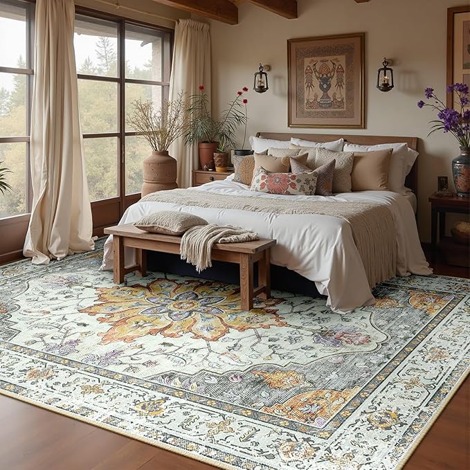 RELEANY Area Rugs 7'x9' Washable Non-Slip, Floral Vintage Distress Medallion Carpet for Living Room Bedroom Dining Room, Beige Carbon Grey Orange