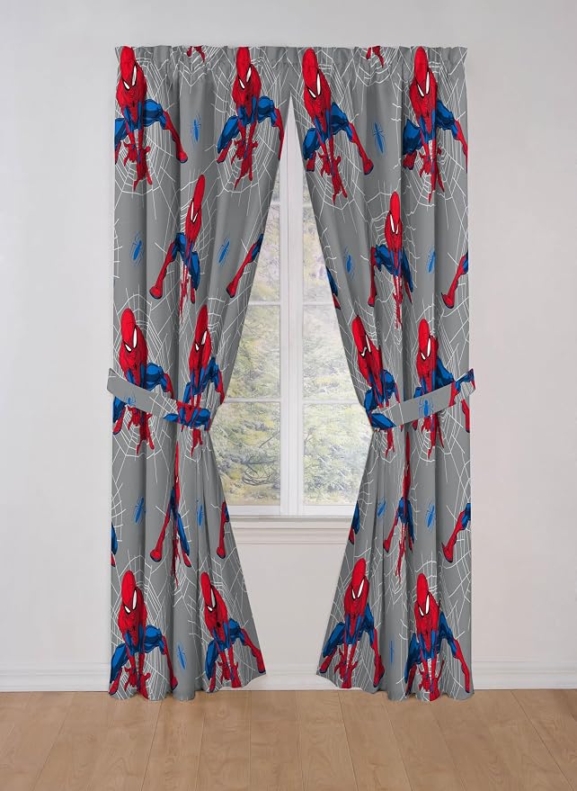 Jay Franco Window Curtains for Kids Bedroom 4-Piece Drape Set with 2 Tiebacks, Grey - Spiderman, 42" W x 84" L (Pack of 2)