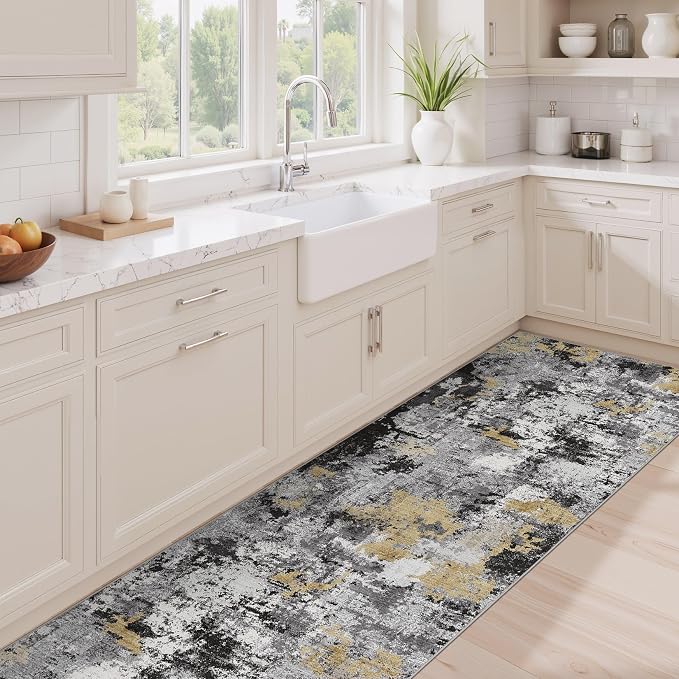 Abstract 2x8 Runner Rug: Machine Washable Non Slip Ultra Thin Low-Pile Carpet, Soft Stain Resistant for Hallway Kitchen Bathroom, Kid Pet Friendly, Robot Vacuum Compatible - Black Gold