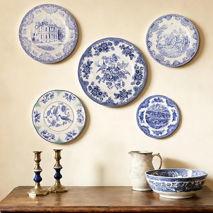 5 Pcs Coastal Vintage Ceramic Wall Plates Set, Blue and White Decoration Hanging Plates with Botanical Patterns, Holland Vintage Gifts for Wall, Home Office Art Ornament(Architecture)